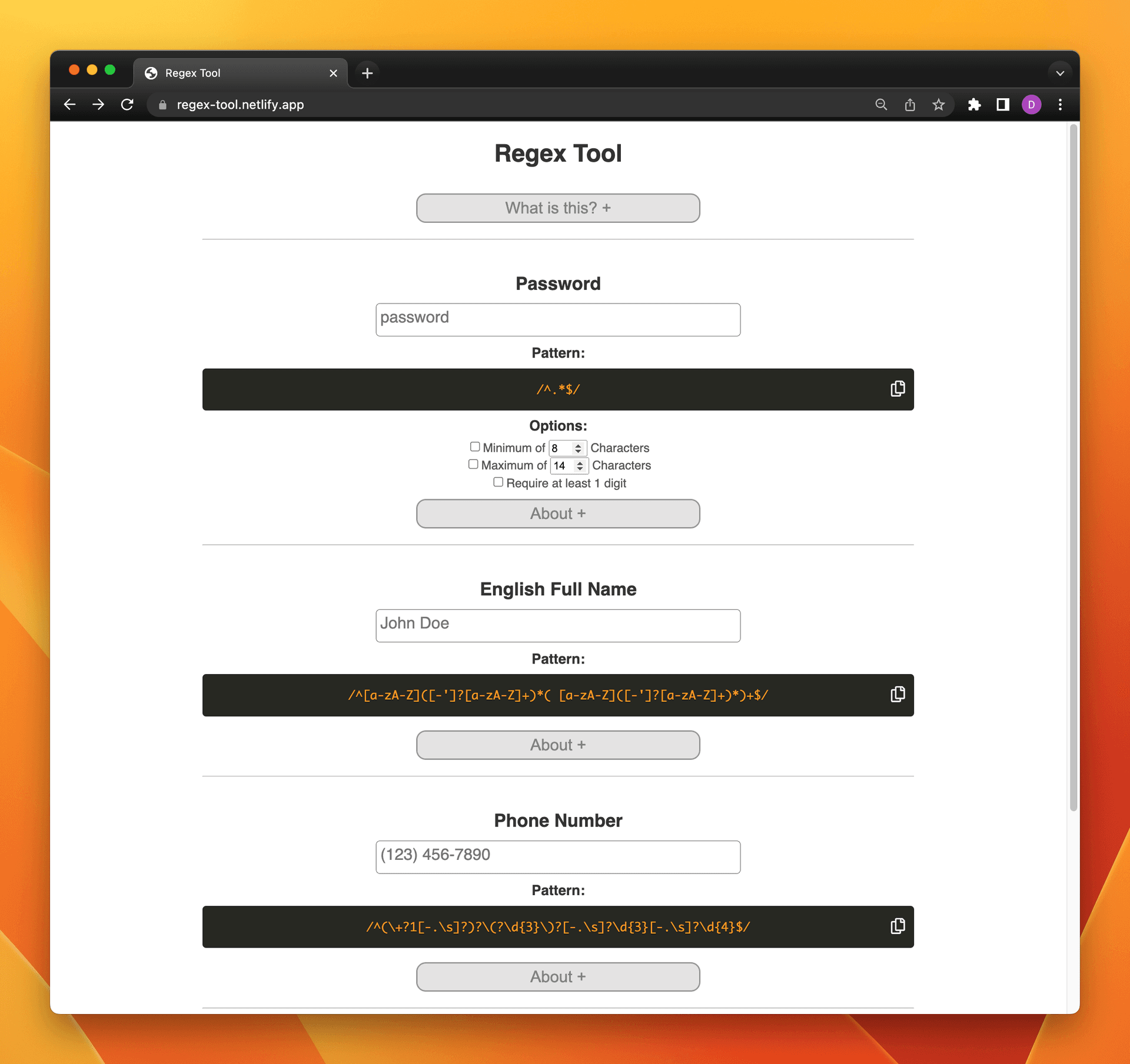 image of regex tool web app